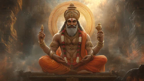 Seated robed deity figure with halo in ornate temple space.