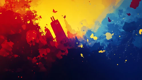 Paint-splashed skyline drifts between molten dusk and deep sea