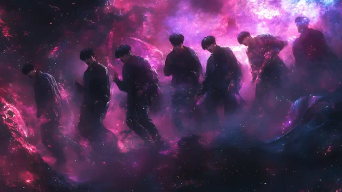 Multiple dark figures within luminous cosmic haze.