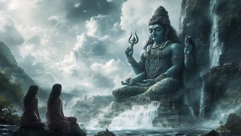 Giant blue deity statue dominates misty mountain valley scene