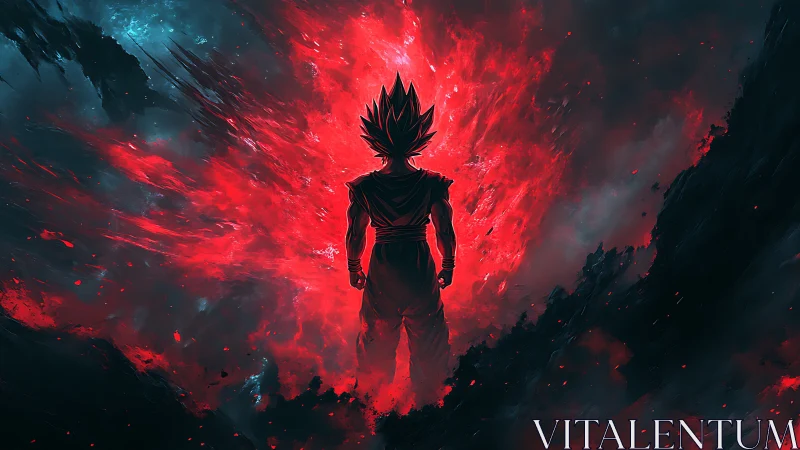 Crimson storm hero standing calm inside a cosmic blast.