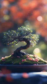 Curved bonsai tree stands on moss mound with blurred bokeh