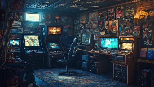 Retro arcade gaming room contains multiple illuminated cabinets