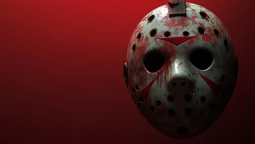 Bloodstained hockey mask floats in ominous red darkness