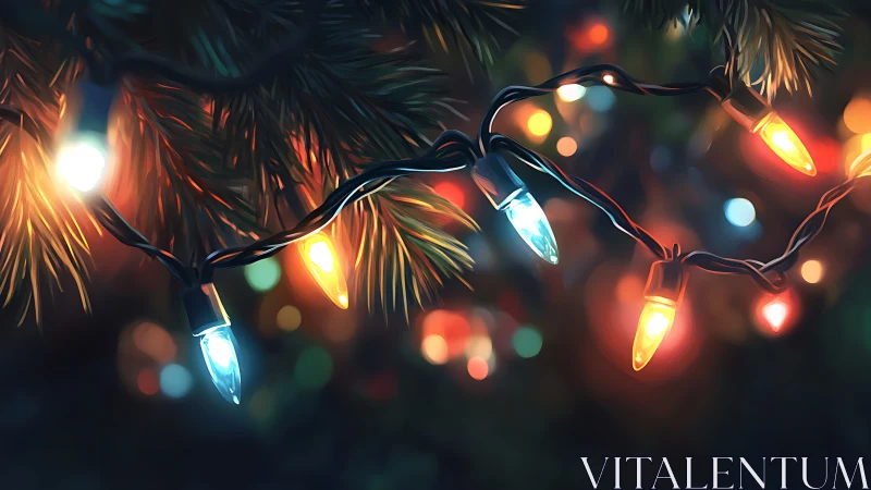 Holiday pine branches glowing with colorful string lights.
