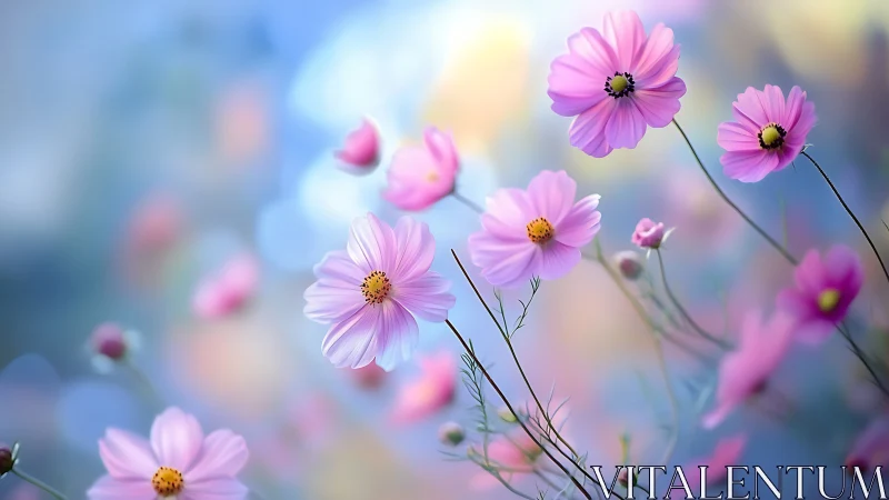 Soft pink cosmos blossoms drift across dreamy pastel light.