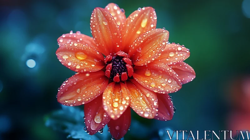 Macro Red Dahlia with Water Droplets and Bokeh Background