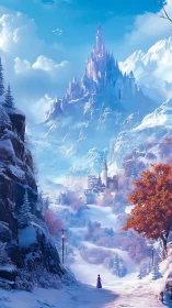 Snow-clad valley leading toward a luminous alpine fantasy castle