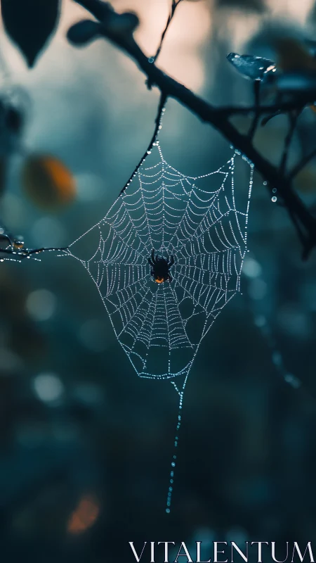 Spider in dew-laden orb web under cool dawn bokeh glow.