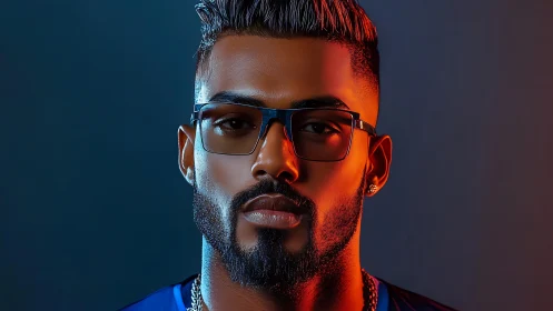 Neon-lit gaze of a modern icon wrapped in twilight glow.