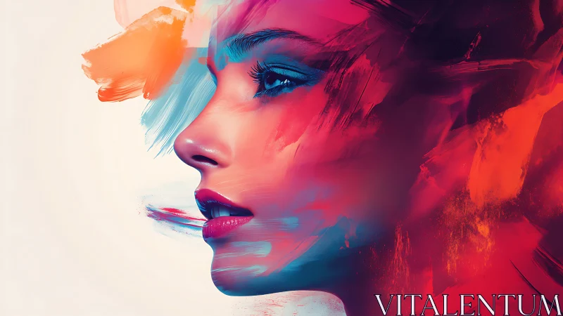 Profile portrait with abstract red and blue paint overlay.