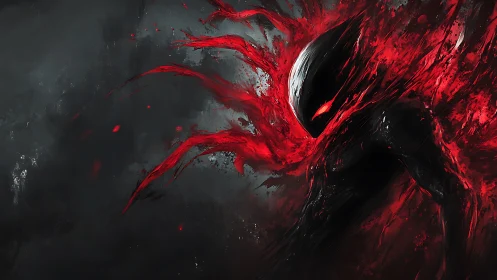 Shadow entity emerging in dynamic crimson energy burst.