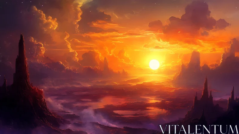 Sunlit alien landscape shows glowing clouds and spires