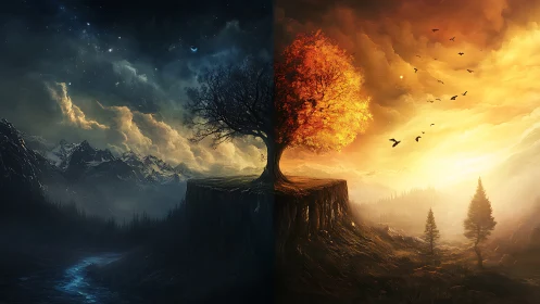 Solitary cliffside tree divides night sky and burning dawn.