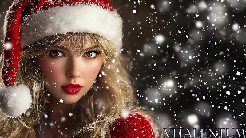 Woman in red Santa hat amid falling snow at night.