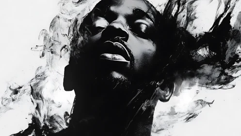 Monochrome portrait dissolves into swirling ink smoke