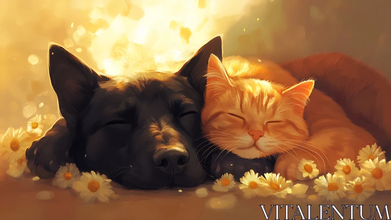 A dog and cat rest peacefully among golden flowers.