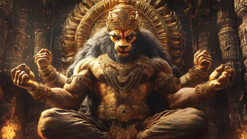 Mythic lion deity in molten gold-lit temple environment.
