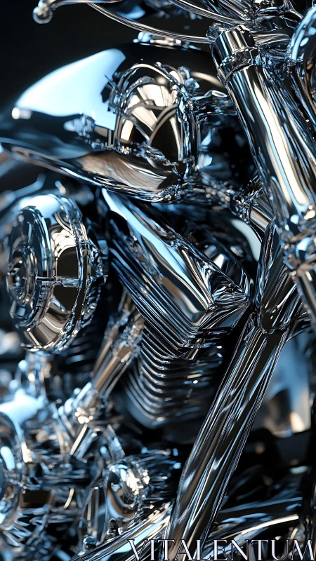 Chromed motorcycle engine macro with reflective specular geometry.