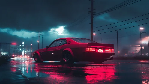 Neon-soaked red coupe idles in moody midnight rainstorm.