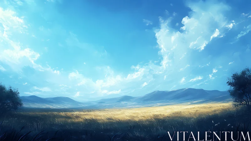 Sunlit grassland stretches beneath a vast, luminous sky
