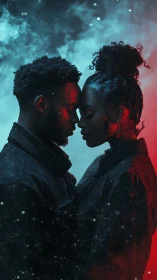 Ethereal Embrace: Cosmic Connection Between Silhouetted Figures.