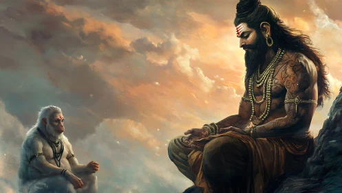 Sacred guru and white monkey share a serene skyward vigil