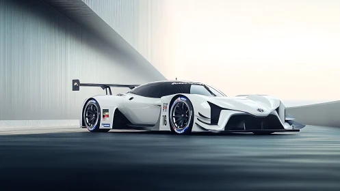 Futuristic white Toyota race car under minimal architecture.