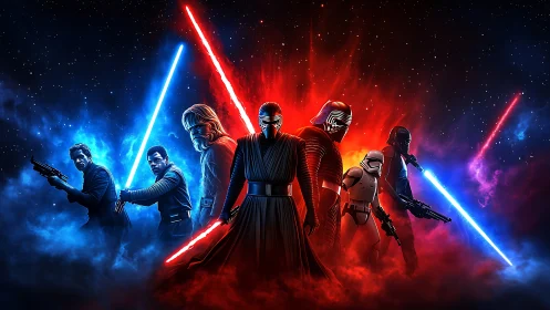 Standoff of glowing laser warriors amid cosmic nebulae.