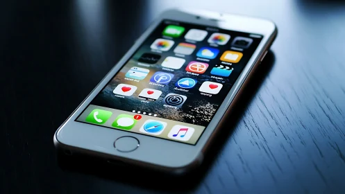 Silver iPhone displaying iOS interface with home screen application icons.