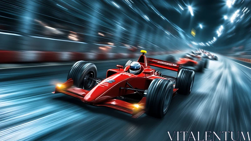 Red formula race car accelerates through illuminated night circuit