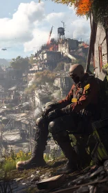Armored soldier resting above burning post apocalyptic city.