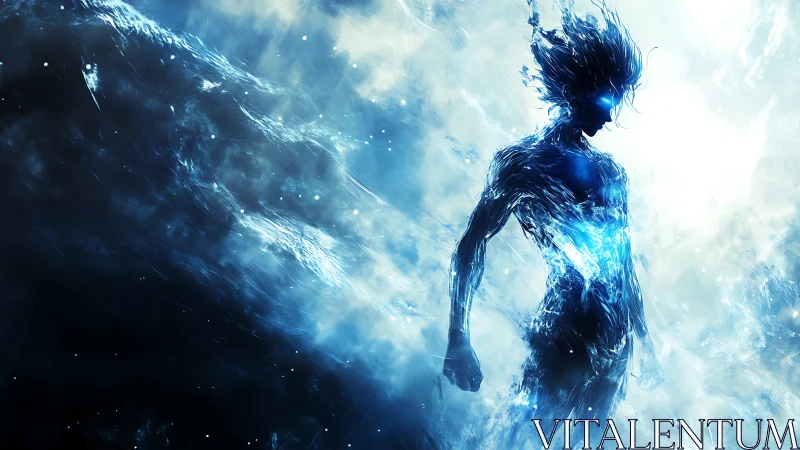 Luminescent energy avatar in high-contrast digital painting.