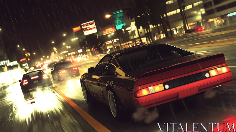 Rear view of sports cars driving on wet city street at night.