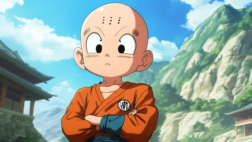 Determined young monk in orange gi before sunlit mountains.