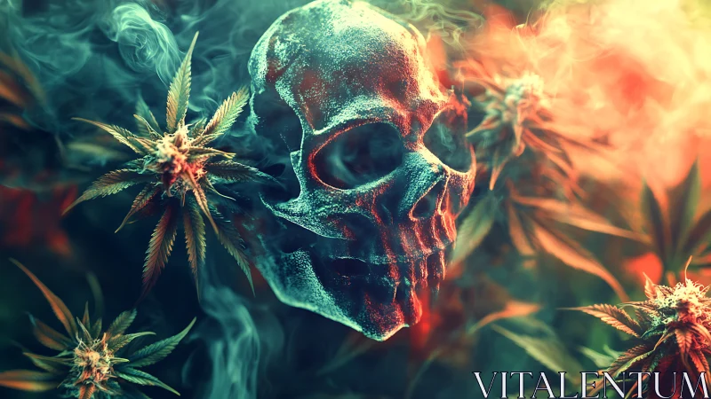 Frosted skull amid cannabis plants in colored smoke.