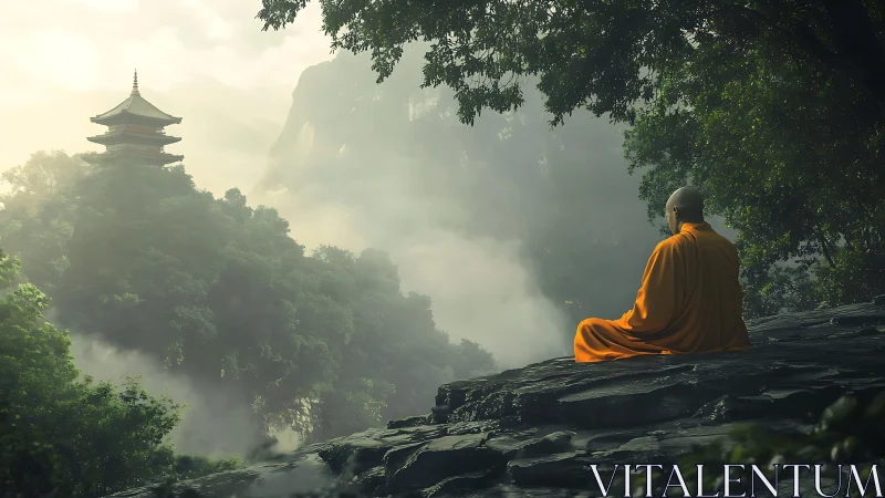 Monk in saffron stillness overlooking mist-veiled mountain temple.