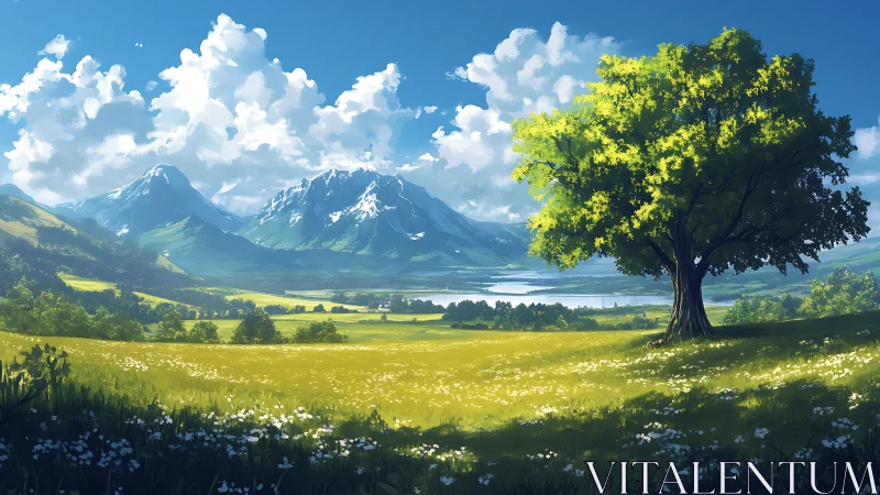 Lone sunlit tree overlooking bright alpine valley landscape.