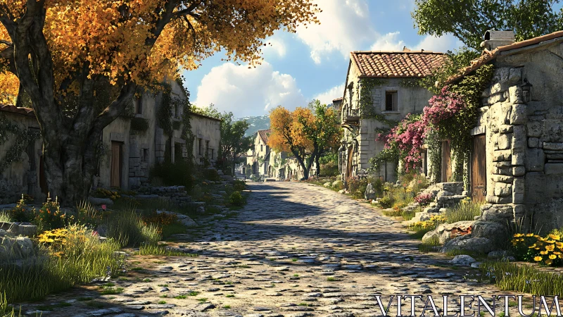 Quiet stone village street lined with trees and flowers.