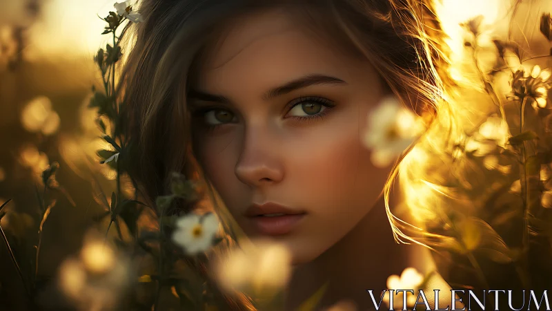 Sunlit portrait of a young woman surrounded by summer flowers