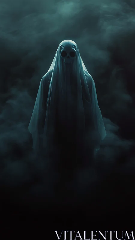 Shrouded skeletal specter emerges from atmospheric teal fog