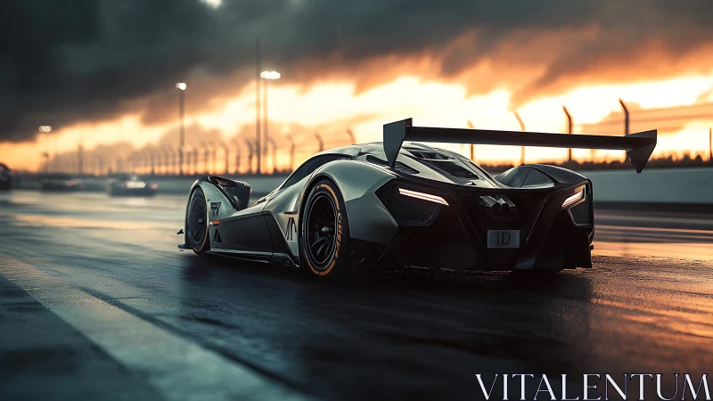 Hypercar slicing through wet racetrack at dramatic sunset.