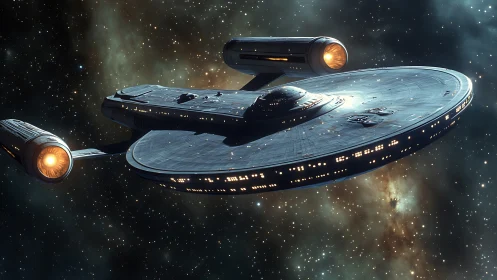 Futuristic starship with saucer hull in deep space field.