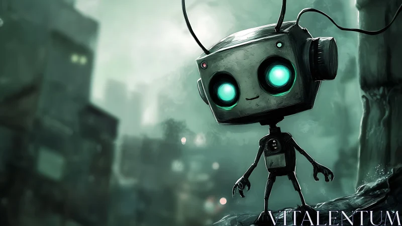 Small glowing-eyed robot explores misty futuristic alley