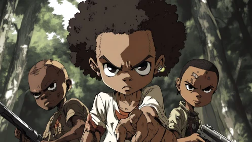 Defiant young warriors confront the viewer in dense forest.