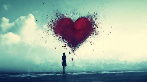 Solitary Figure Beneath Dispersing Heart Form in Liminal Seascape.