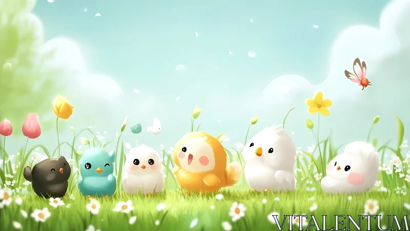 Cartoon birds arranged in spring meadow landscape scene.