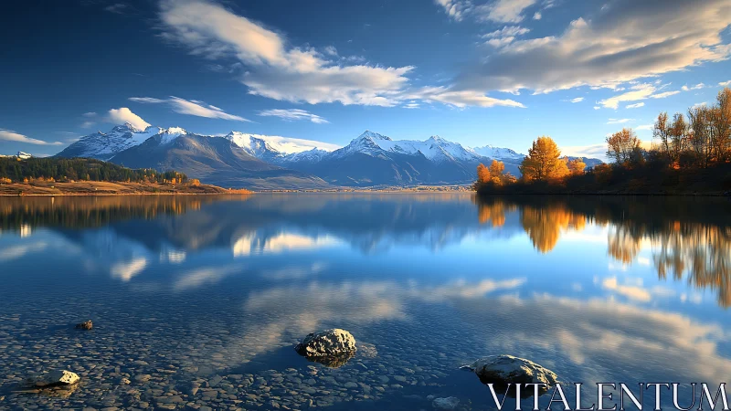 Snow-covered mountains reflect clearly on a calm lake surface