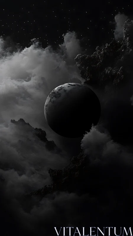 Silent dark planet drifts through stormy cosmic clouds