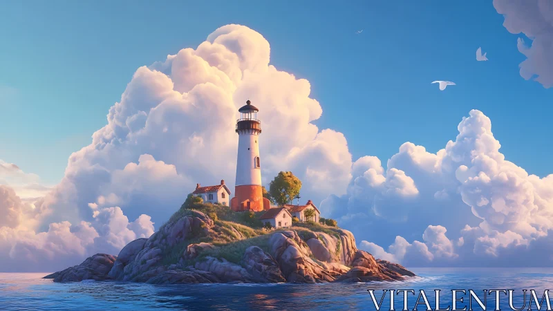 Lighthouse on rocky island with cumulus clouds.